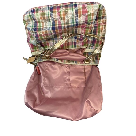 COACH Tote Shoulder Bag Poppy Multi Madras Signature Pastel Plaid Sequins - Picture 5 of 14